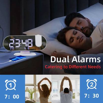 8.8 Inch Projection Alarm Clock, Mirror Display 180 Degree Rotation, Temperature USB Charging Port, White & Black.....