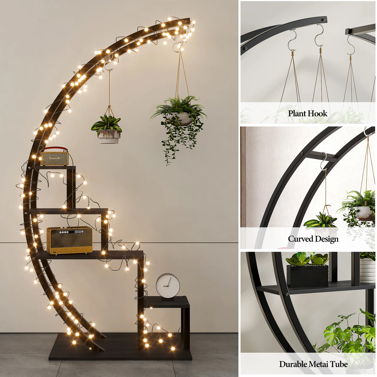 Pack of 2, 5 Tier Metal Plant Stand, Half Round Wooden Plant Rack with Hanging Hooks,(Black)