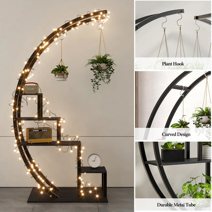 Pack of 2, 5 Tier Metal Plant Stand, Half Round Wooden Plant Rack with Hanging Hooks,(Black)