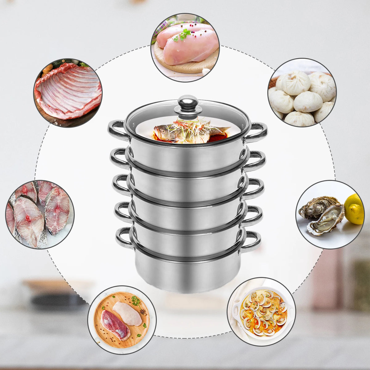 5 Tier 26 / 28 / 30cm Steam Cooker, Stainless Steel....
