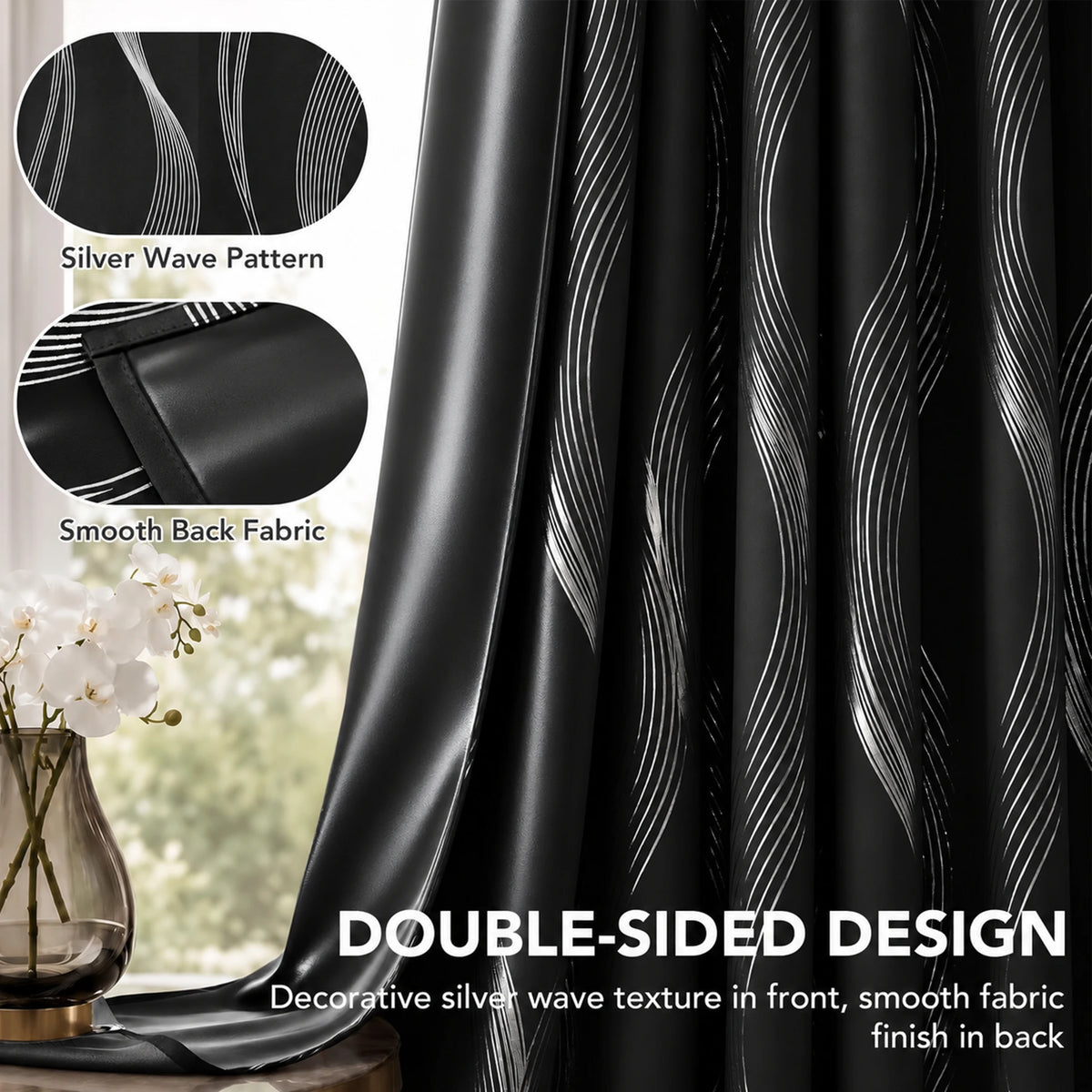 Black 4 Panels Blackout Curtains Thermal Insulated With Black Inside Coated Backing, 6 Sizes....