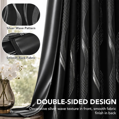 Black 4 Panels Blackout Curtains Thermal Insulated With Black Inside Coated Backing, 6 Sizes....