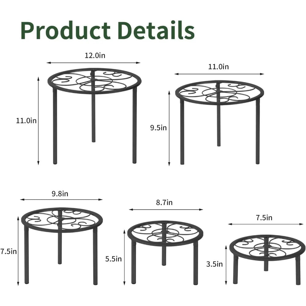 Set Of 5 Metal Plant Stands, Indoor Outdoor, Black, Various Sizes
