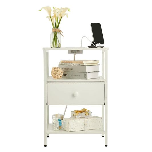 Nightstand With Charging Station, 3-Tier With Fabric Drawer, Metal Frame