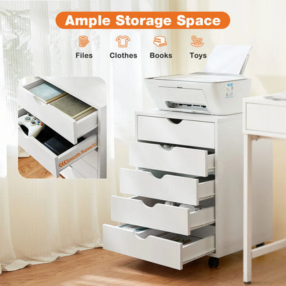 Wood Nightstand Cabinet 5 Drawers Waterproof Surface, Rotating Wheel