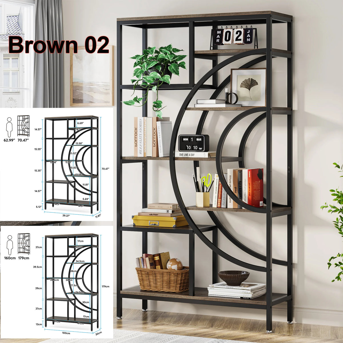 Bookshelf, 5 Tier Etagere Bookcase, Freestanding, 11.81"D x 37.4"W x 68.89"H