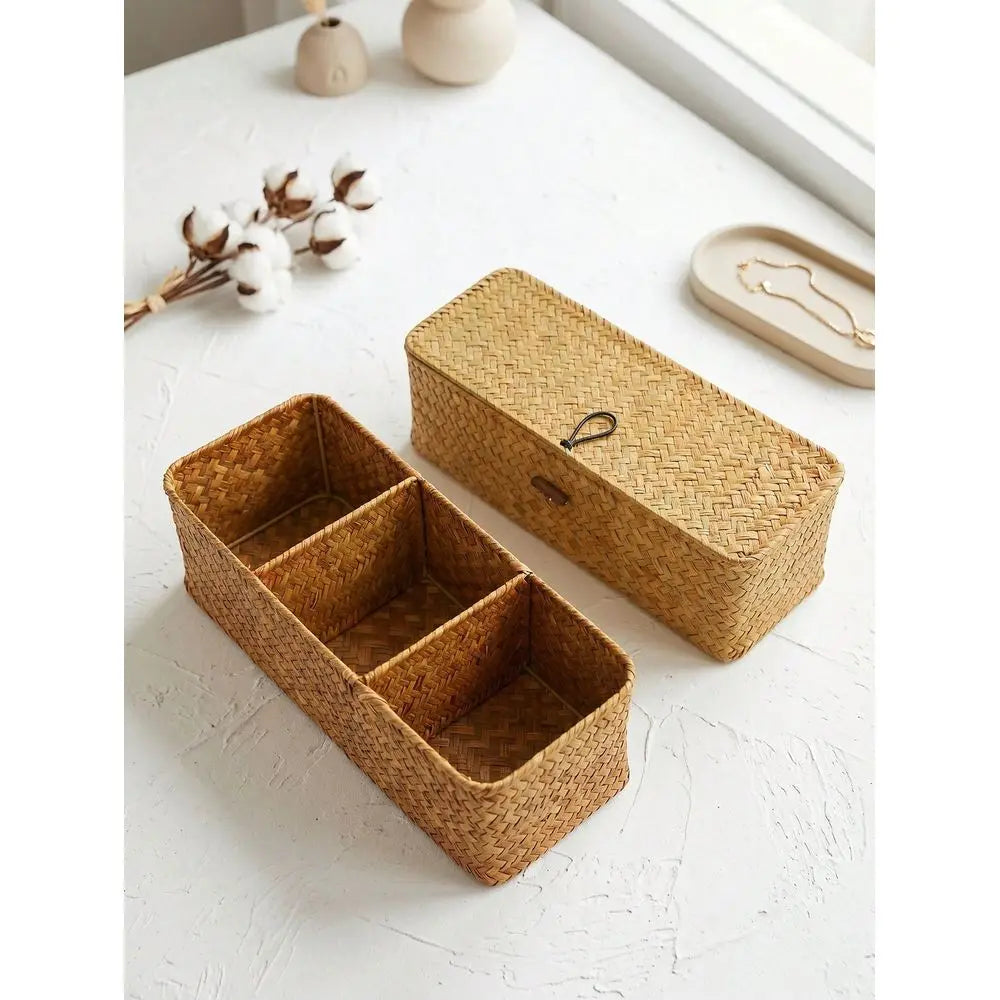 1pc Handwoven Rattan Seagrass Rustic Storage Basket With Lid...