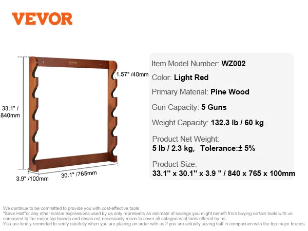 Wood Gun Rack Wall Mount  4/5Rifles Shotguns 132lbs, w/Soft Padding