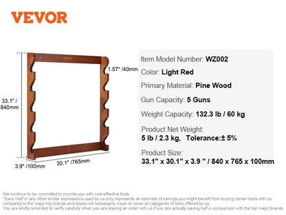 Wood Gun Rack Wall Mount  4/5Rifles Shotguns 132lbs, w/Soft Padding