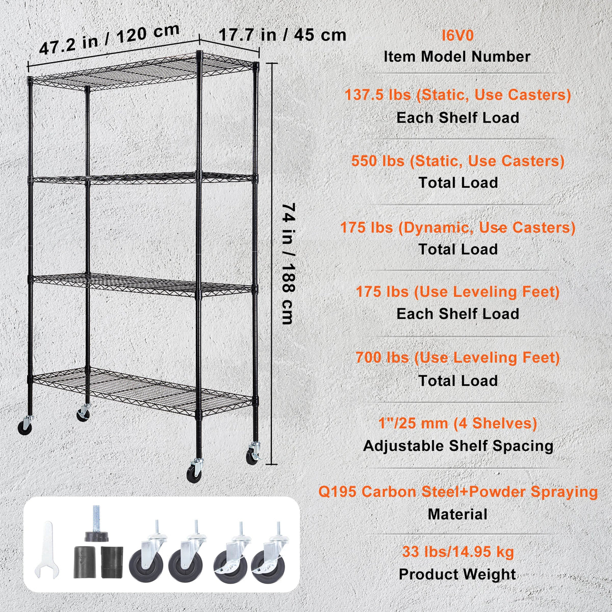 4 Adjustable Storage Shelves Bookshelf, Item Height: 74"/188 cm
Item Length: 47.2"/120 cm