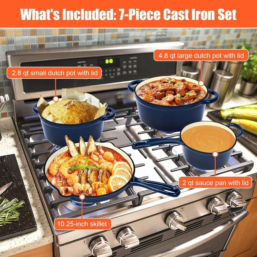 7 pc Enameled Cast Iron Cookware Set....