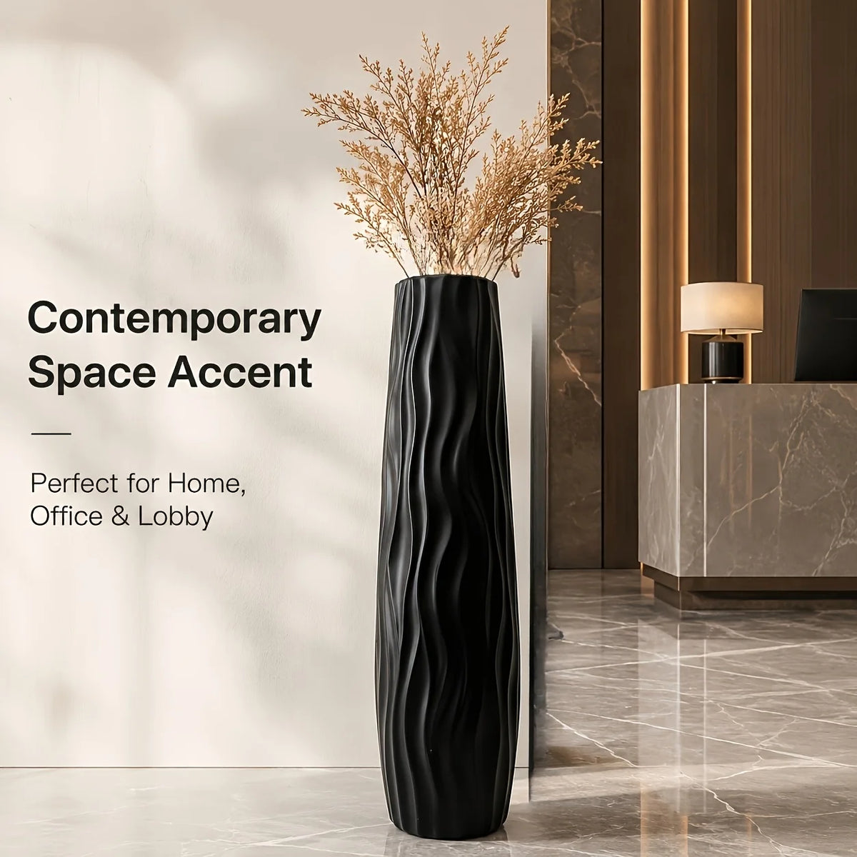 Modern Black Tall Floor Vase, Elegant Wavy Plastic Flower Pot,
