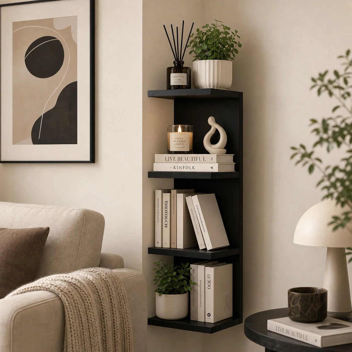 Floating Shelf Group - 4-layer wall-mounted, invisible hardware, reinforced brackets, natural wood grain, easy to install