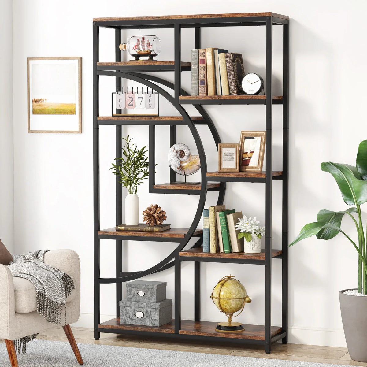 Bookshelf, 5 Tier Etagere Bookcase, Freestanding, 11.81"D x 37.4"W x 68.89"H