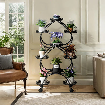 Metal Plant Stand 9-Pot Diameter 9.84 inch, Rolling Display Rack With Wheels Indoor Outdoor, 28.74x11.81x48.82 inches