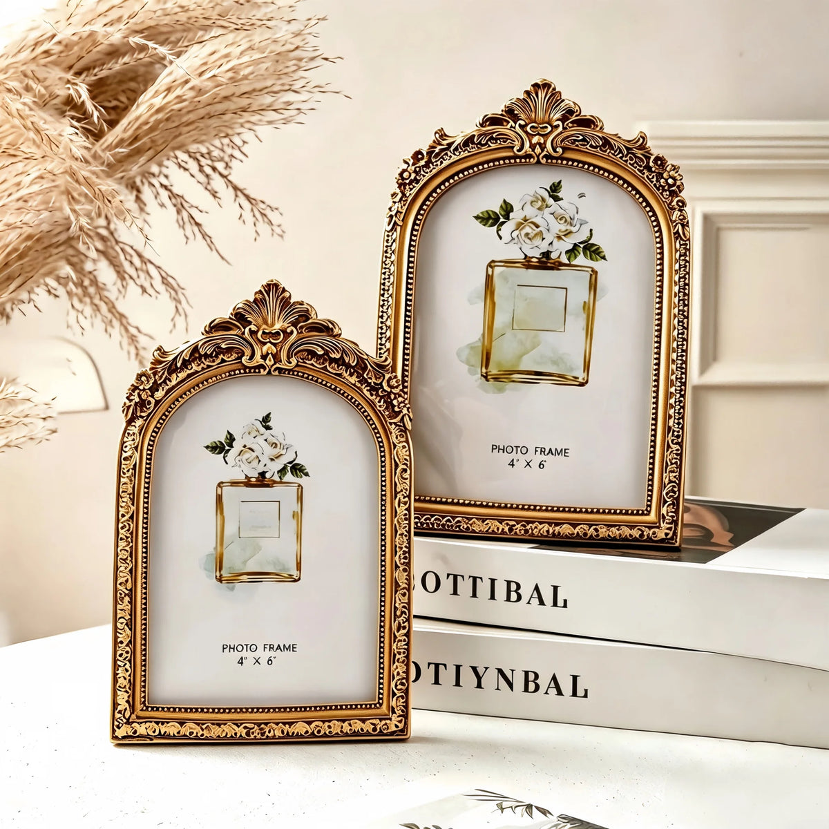 2 Pcs Vintage Gold 4x6 Picture Frames, Antique Photo Frame with Glass Front, Tabletop Wall Mount Frame...