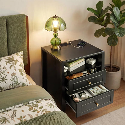 Nightstand with Charging Station 2 Drawers and Open Shelf with USB Type C Port AC Outlet