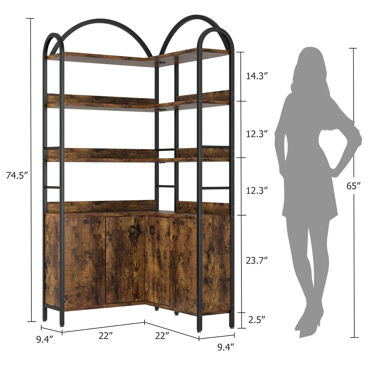 74" Tall 6-Tier Wooden Corner Shelf with Cabinet Doors - Rustic Metal & Wood Bookshelf
