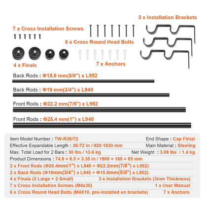 1 Inch Double Curtain Rods 36-72 In And 72-144 In. Curtin Rods for Windows 24-68 In And 69-140 In Telescoping Dual Curtain Rod