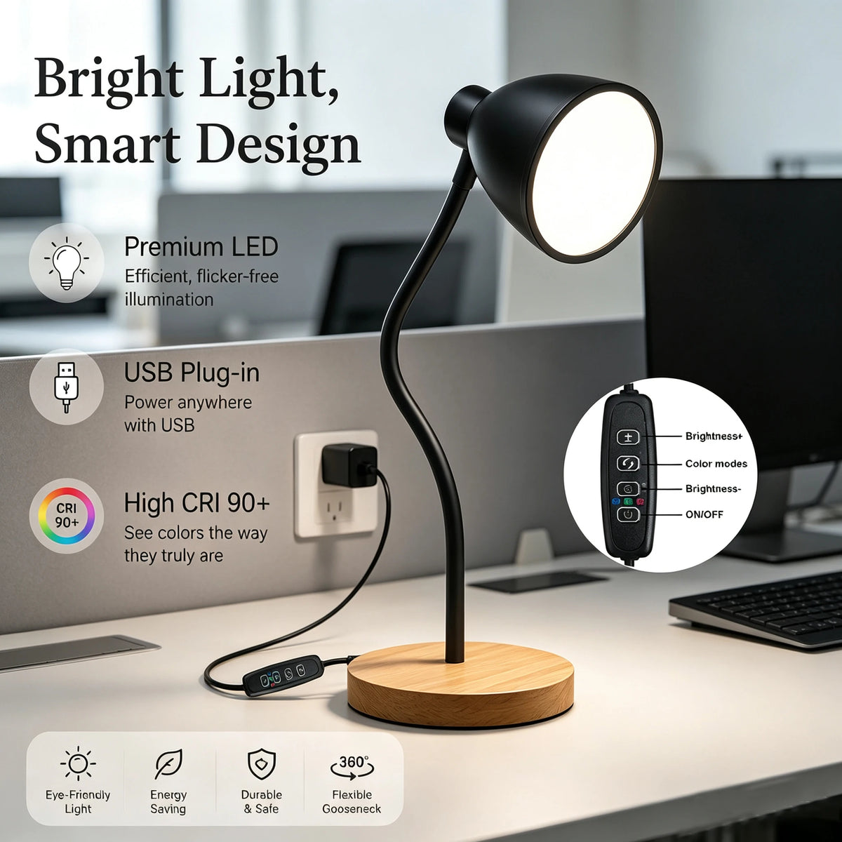 Desk Lamp ,Dimmable, with Flexible Gooseneck Black Metal Shade & Wooden Base USB Powered