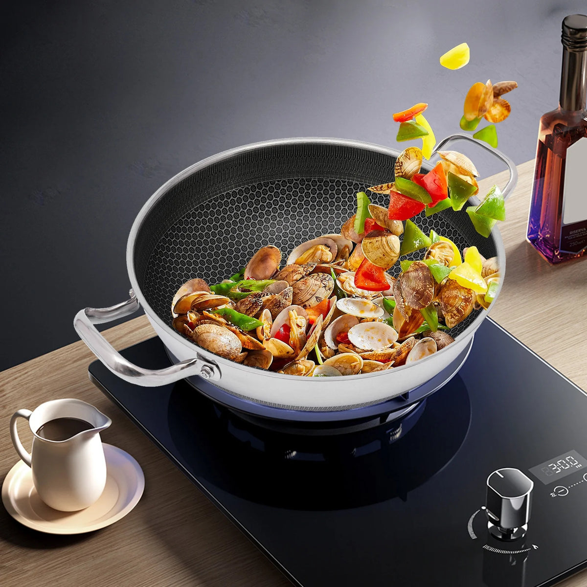 PFAS PFOA Lead Cadmium Free Stainless Steel Nonstick Skillet, Honeycomb Texture 12.59In Visible Glass Lid Included....