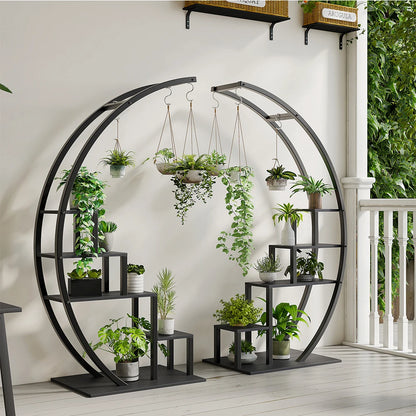 Pack of 2, 5 Tier Metal Plant Stand, Half Round Wooden Plant Rack with Hanging Hooks,(Black)