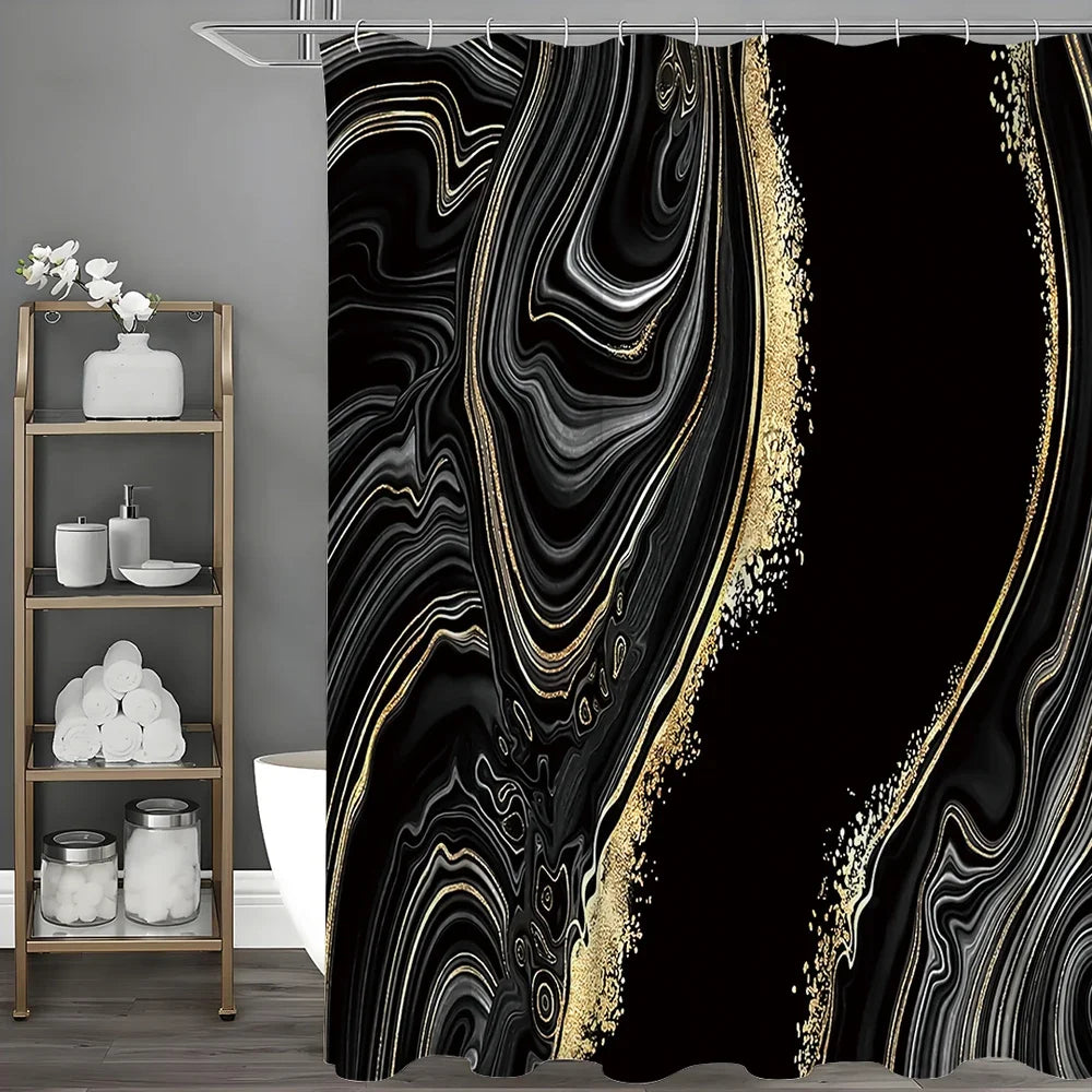 Luxury Abstract Liquid Black and Gold Marble Texture Shower Curtain....