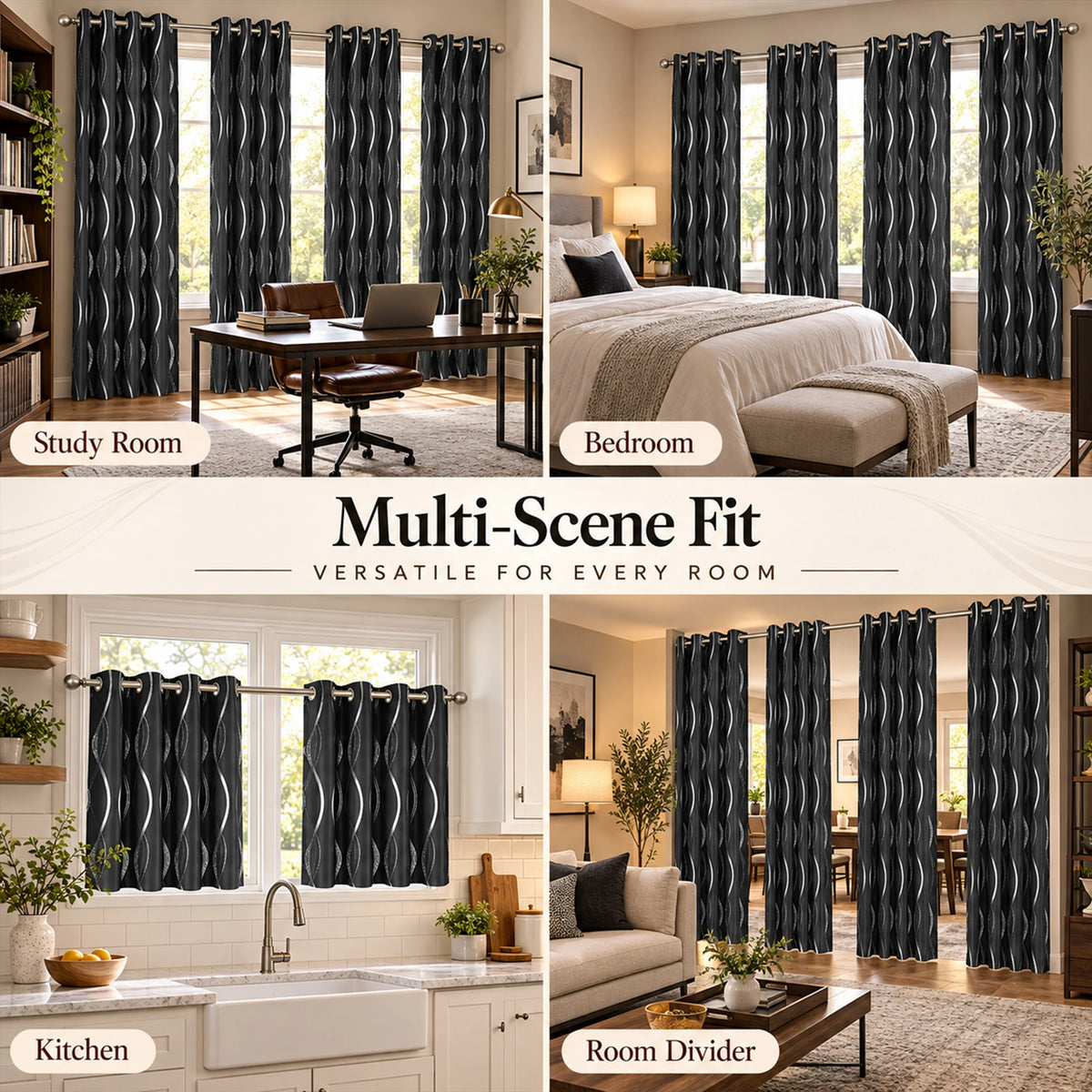 Black 4 Panels Blackout Curtains Thermal Insulated With Black Inside Coated Backing, 6 Sizes....