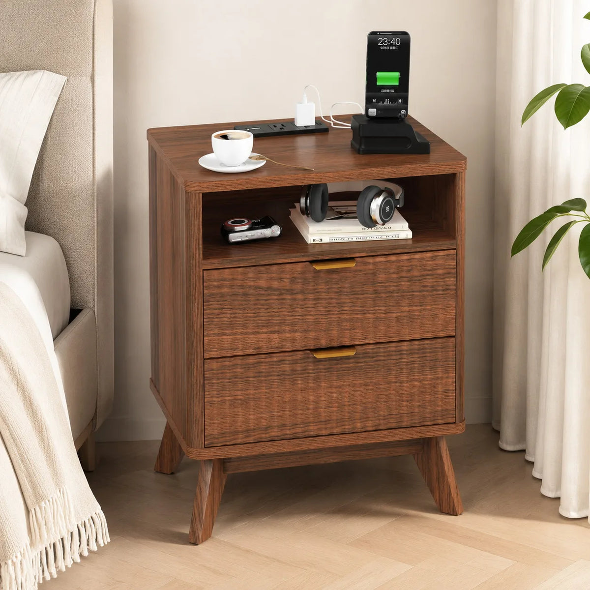 Walnut Nightstand with Drawer and Open Shelf USB Charging Station with AC Outlets
