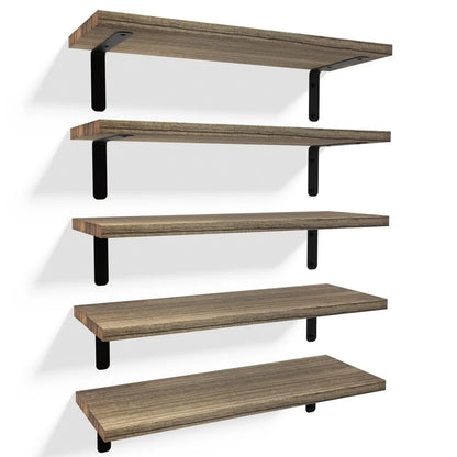 Set of 5 Rustic Floating Wooden Wall Shelves, Wall Mount With Anti-Fall Metal Guardrail,