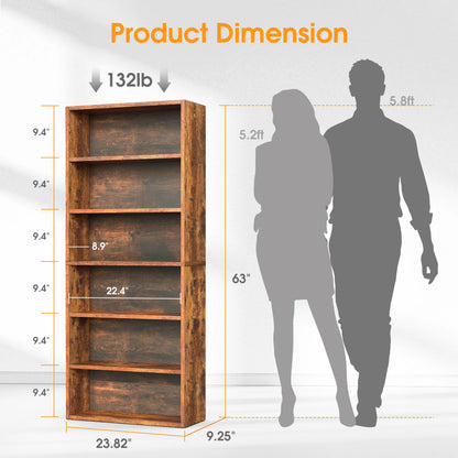6 Shelf Wooden Bookcase 63 Inch Tall  Adjustable Shelves....