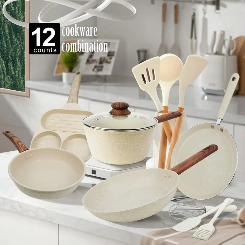 12Pcs Cream Granite Nonstick Cookware Set, With Silicone Cooking Utensils.....