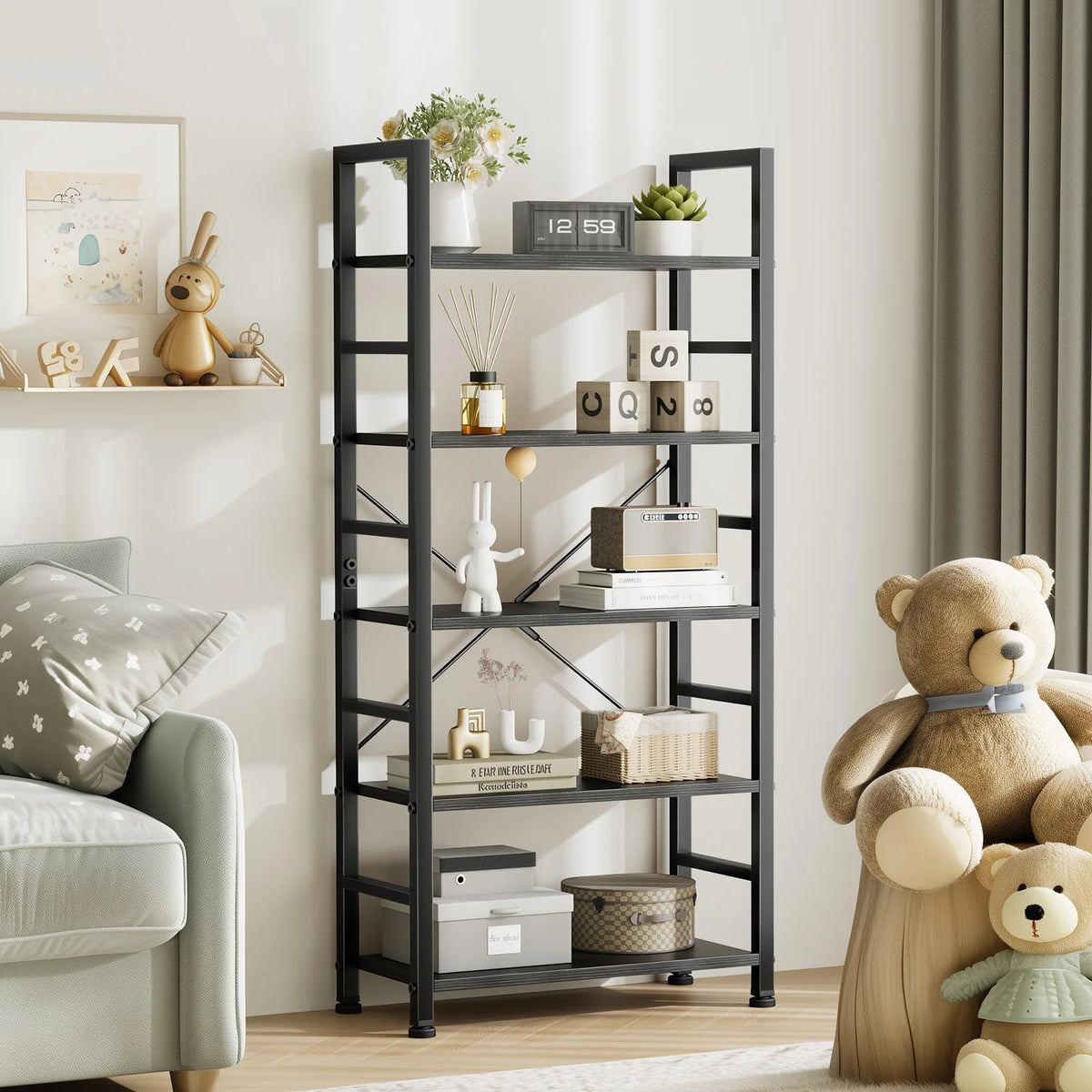 5 Tier Wooden Display Bookshelf Standing Stable Metal Frame