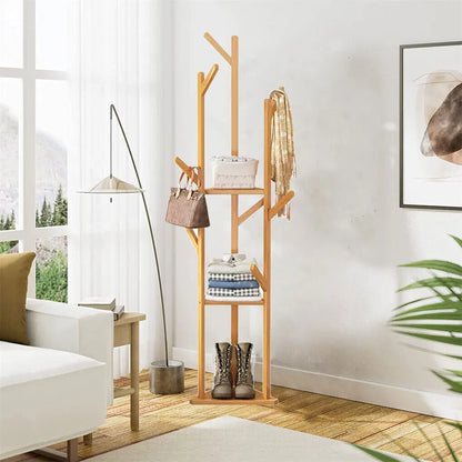 Bamboo Corner Tree Coat Rack, Hooks And Shelves, 65.75 x 15.75 x 15.75in