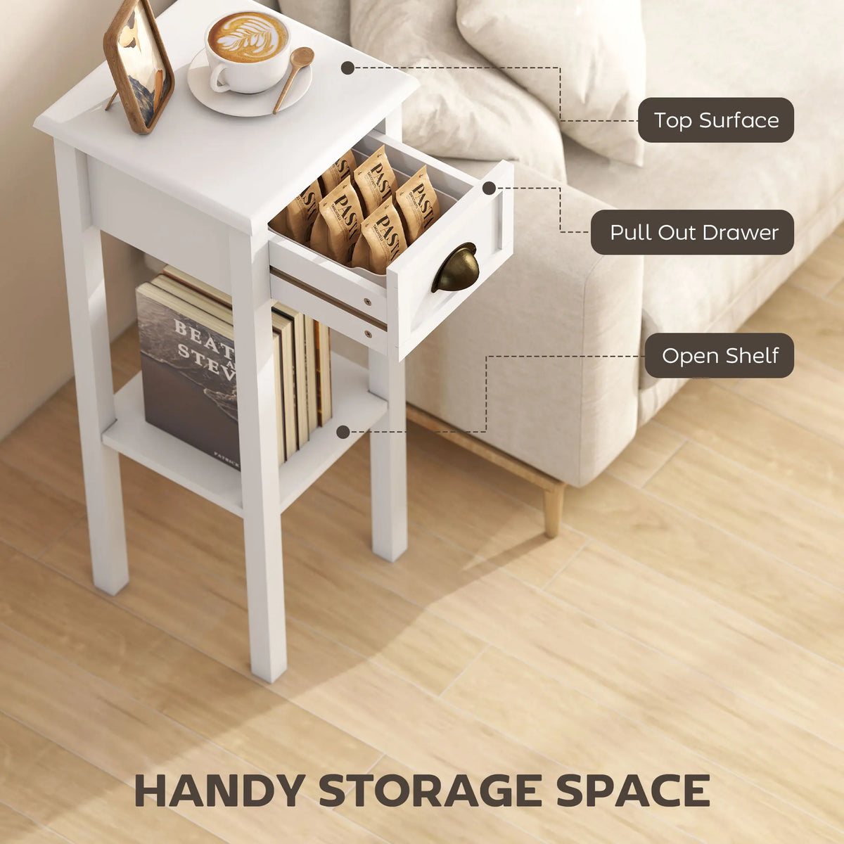 End Table with Drawer and Bottom Shelf, Accent Desk, White