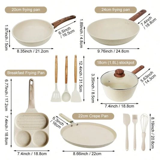 12Pcs Cream Granite Nonstick Cookware Set, With Silicone Cooking Utensils.....