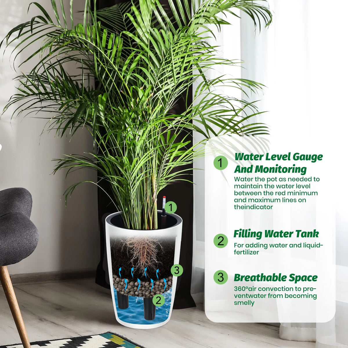 16 Inch Tall Self Watering Planters Set Of 2 With Water Level Indicator....