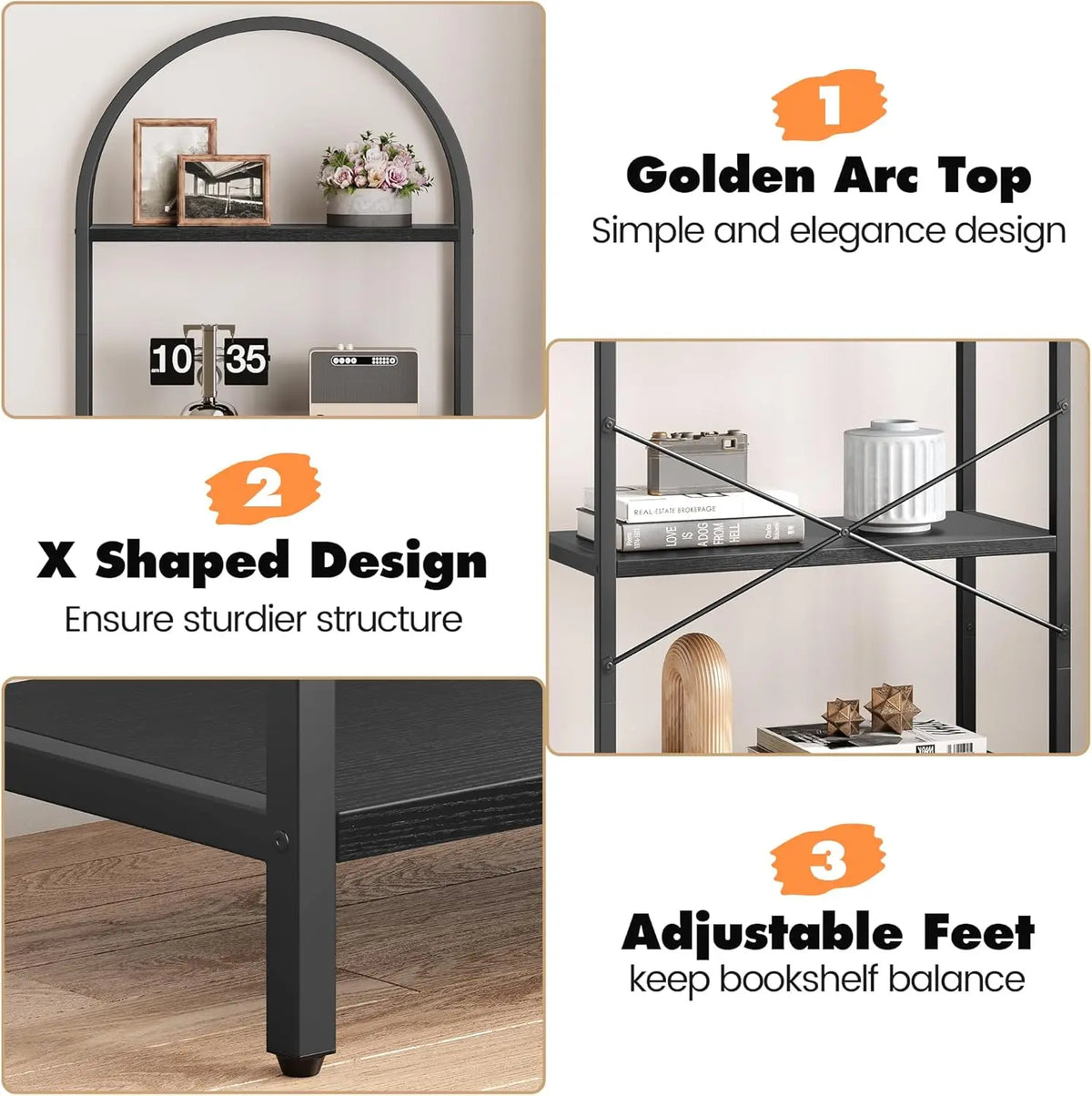 Bookshelf 5-Tier Bookcase with Metal Frame, Freestanding, 60x28x180cm