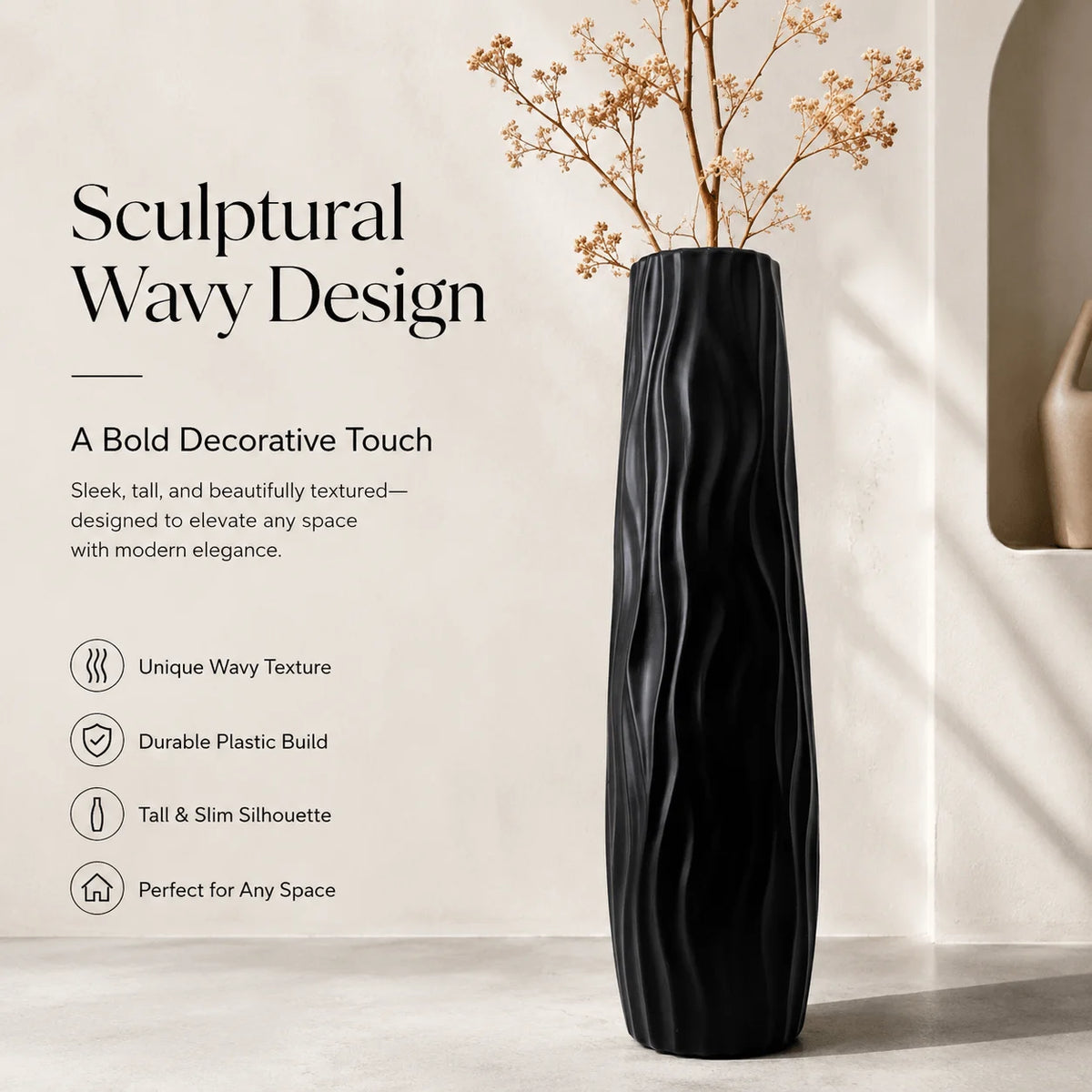 Modern Black Tall Floor Vase, Elegant Wavy Plastic Flower Pot,