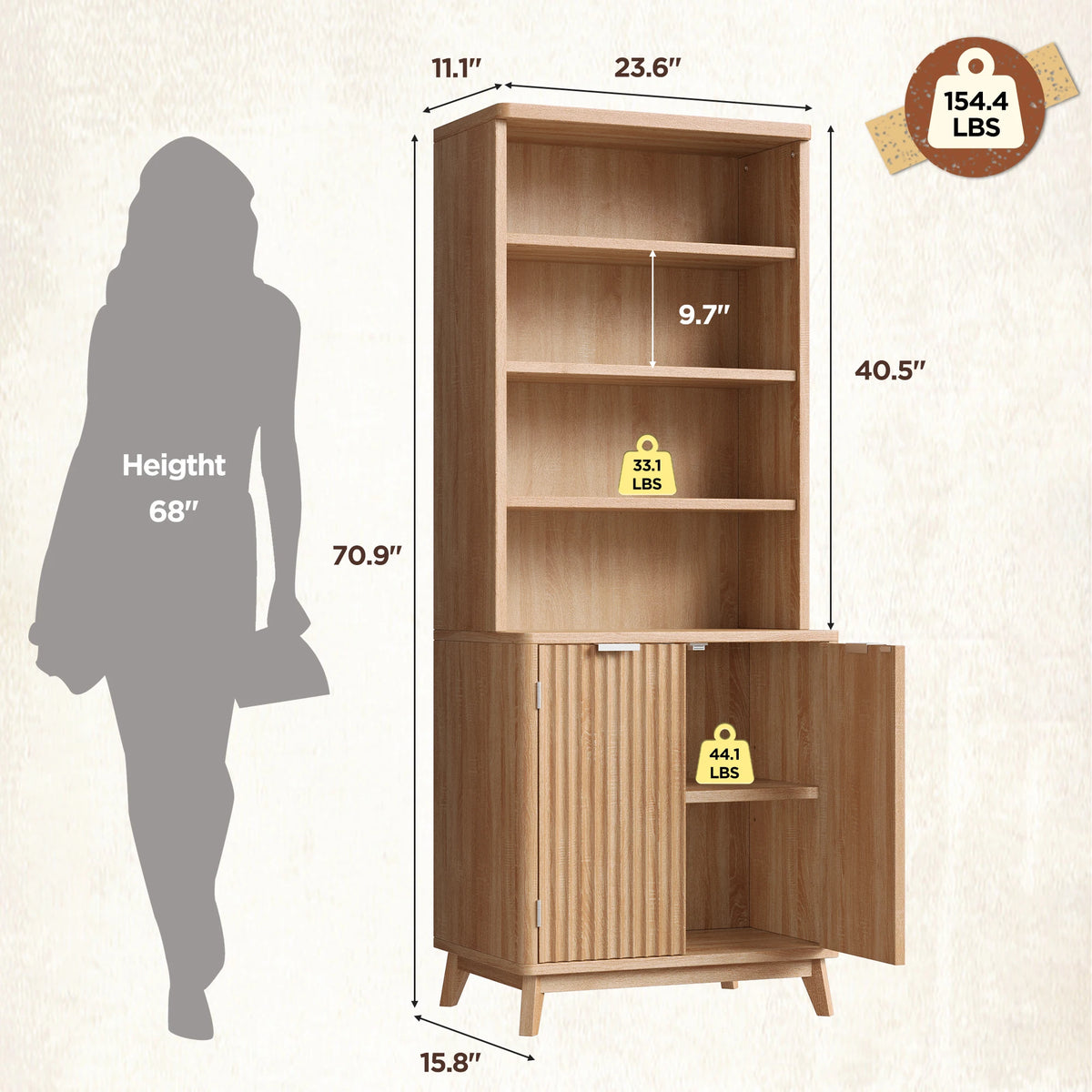 6-Tier Wooden Bookshelf, With Doors & Adjustable Shelves, Walnut....