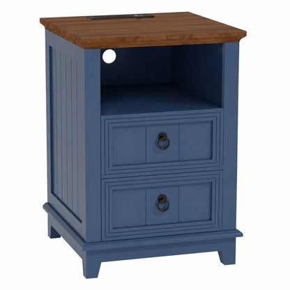18 Inch Wood Nightstand with USB Charging Station 2 Drawer End Table, Blue