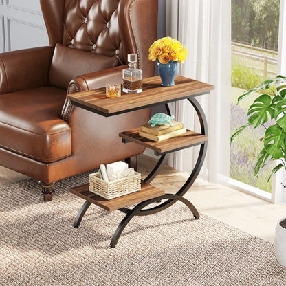 C-Shaped, Industrial 3-Tier Small, Wood Table with Storage Shelves