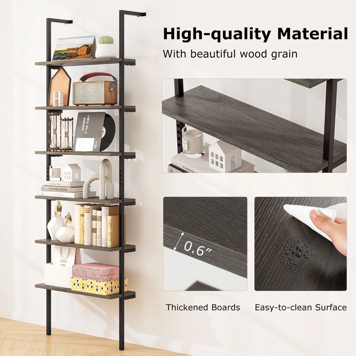 6-tier Ladder Shelf 72 Inches Wall Mounted Bookshelf Oak
