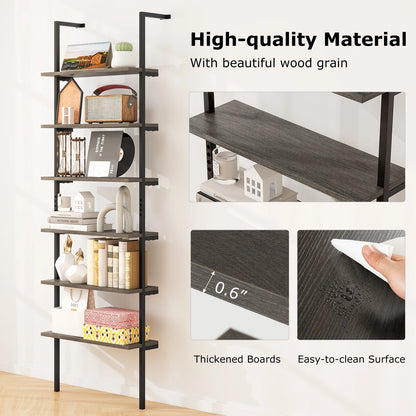6-tier Ladder Shelf 72 Inches Wall Mounted Bookshelf Oak