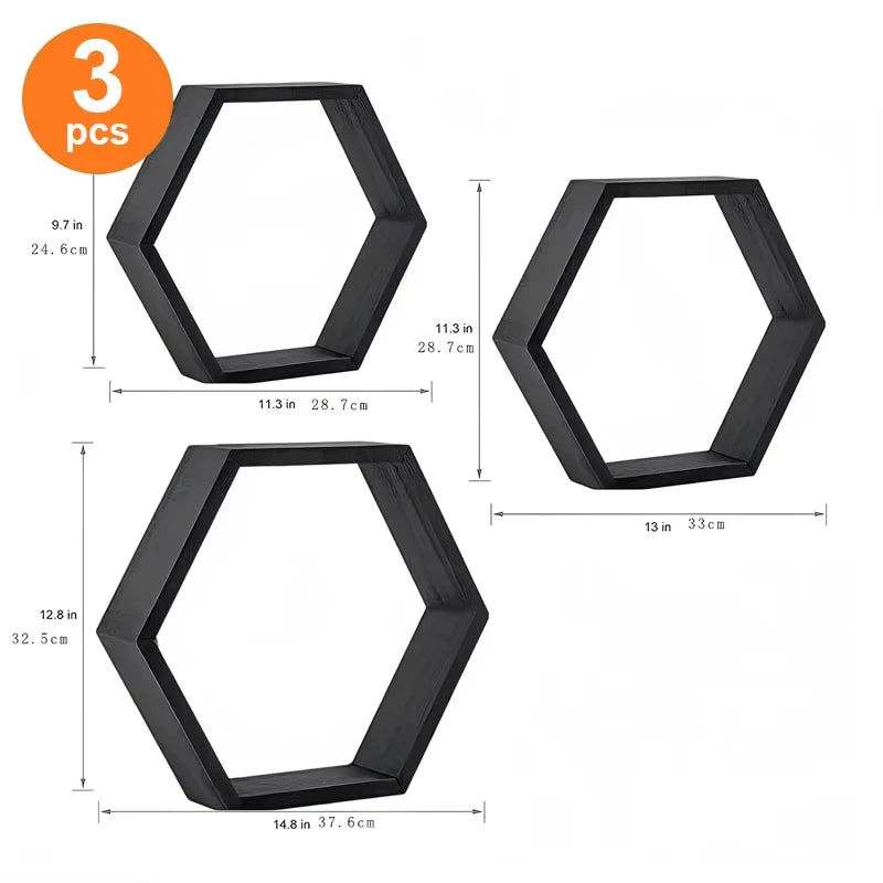Rustic Wooden Hexagon Floating Shelves Set of 3