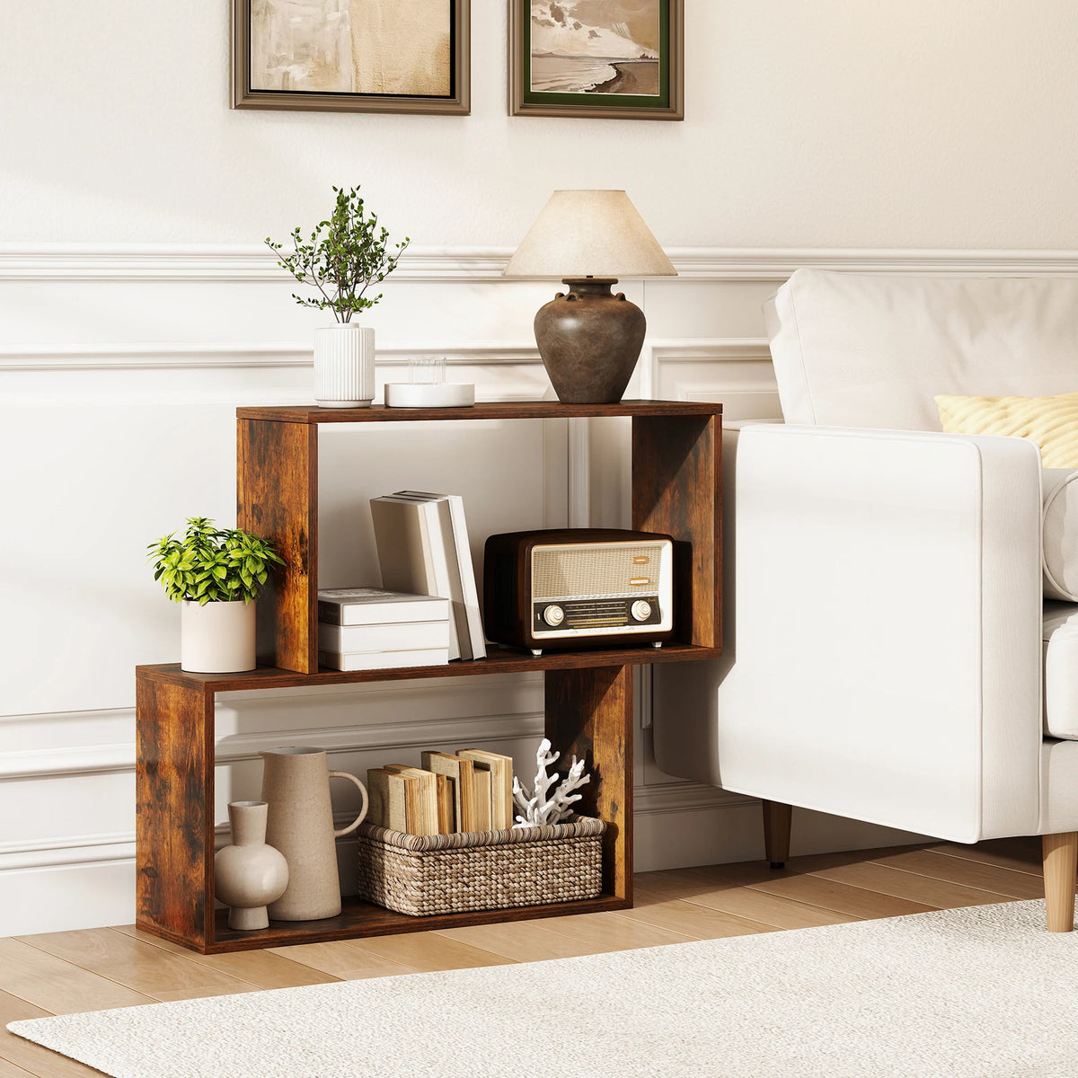 3-Tier Geometric Wooden Bookshelf, Freestanding