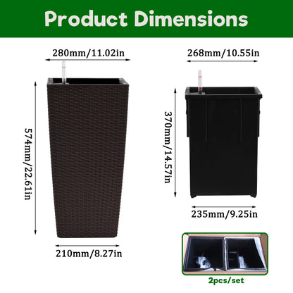 Pack of 2 Square Planter 22-Inch High Faux Rattan Design with Automatic Watering System....