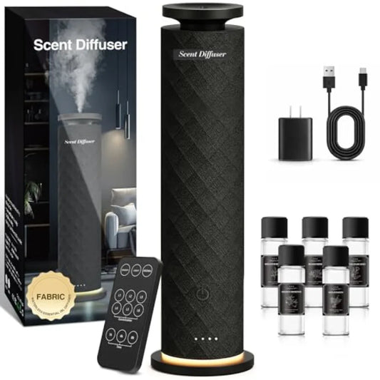Waterless Scent Diffuser Starter Kit, Remote, USB Rechargeable, Tower Fabric Design in Black,