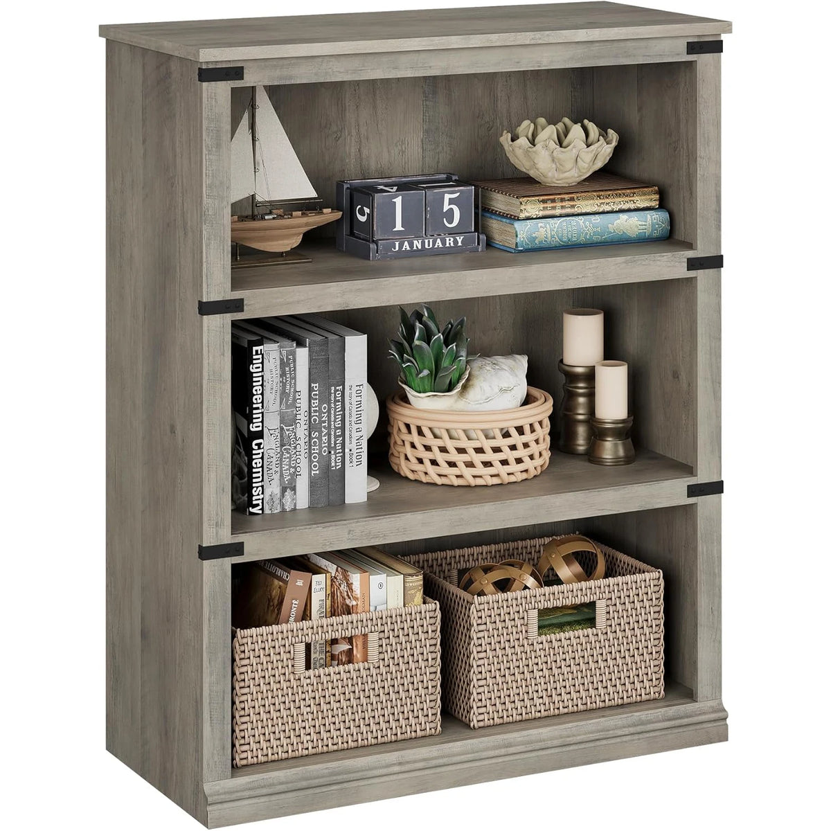 3 Tier Open storage shelves - Tall Wood Bookshelf, Sturdy 30" Wide