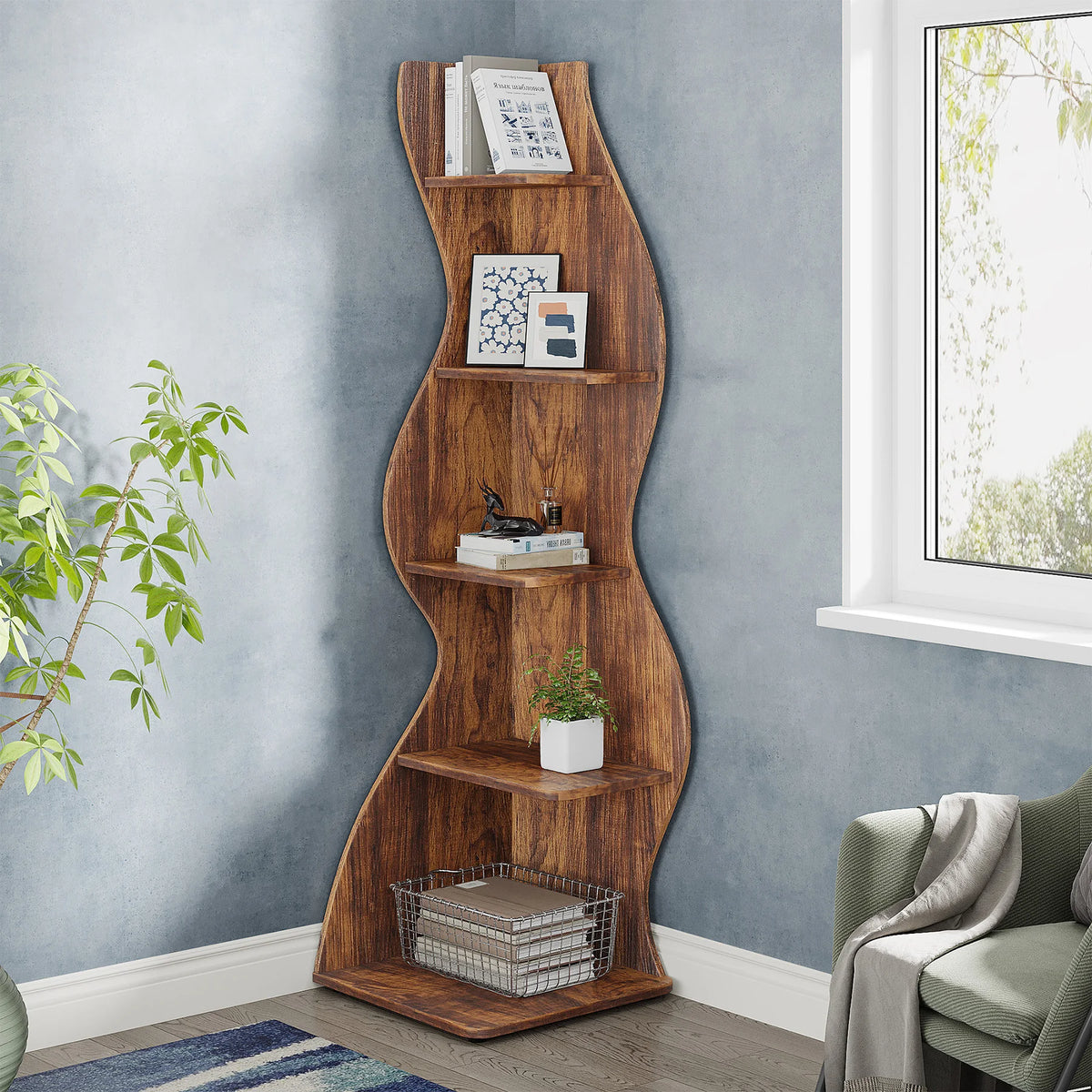 Rustic 5-Tier Corner Wooden Bookshelf, Stylish Bookcase....